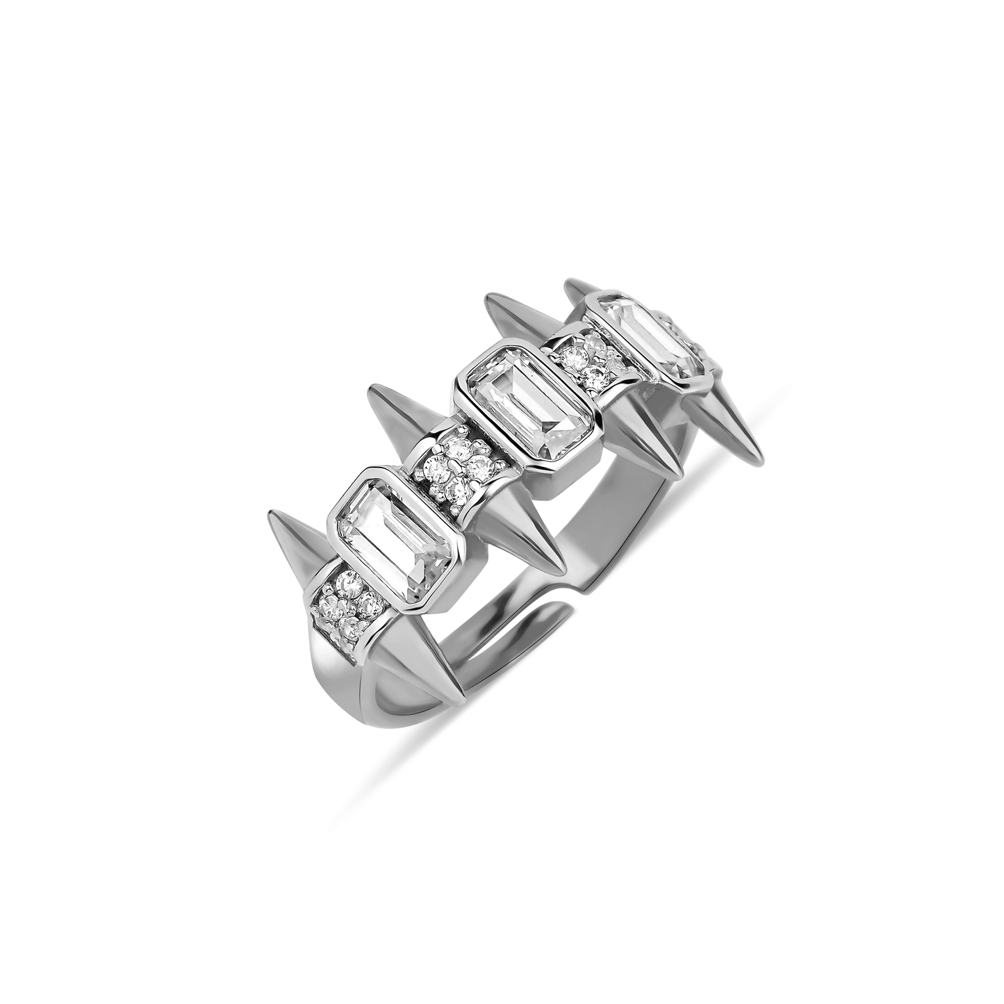 Pointed Model Adjustable Silver Ring with Rows of Stones