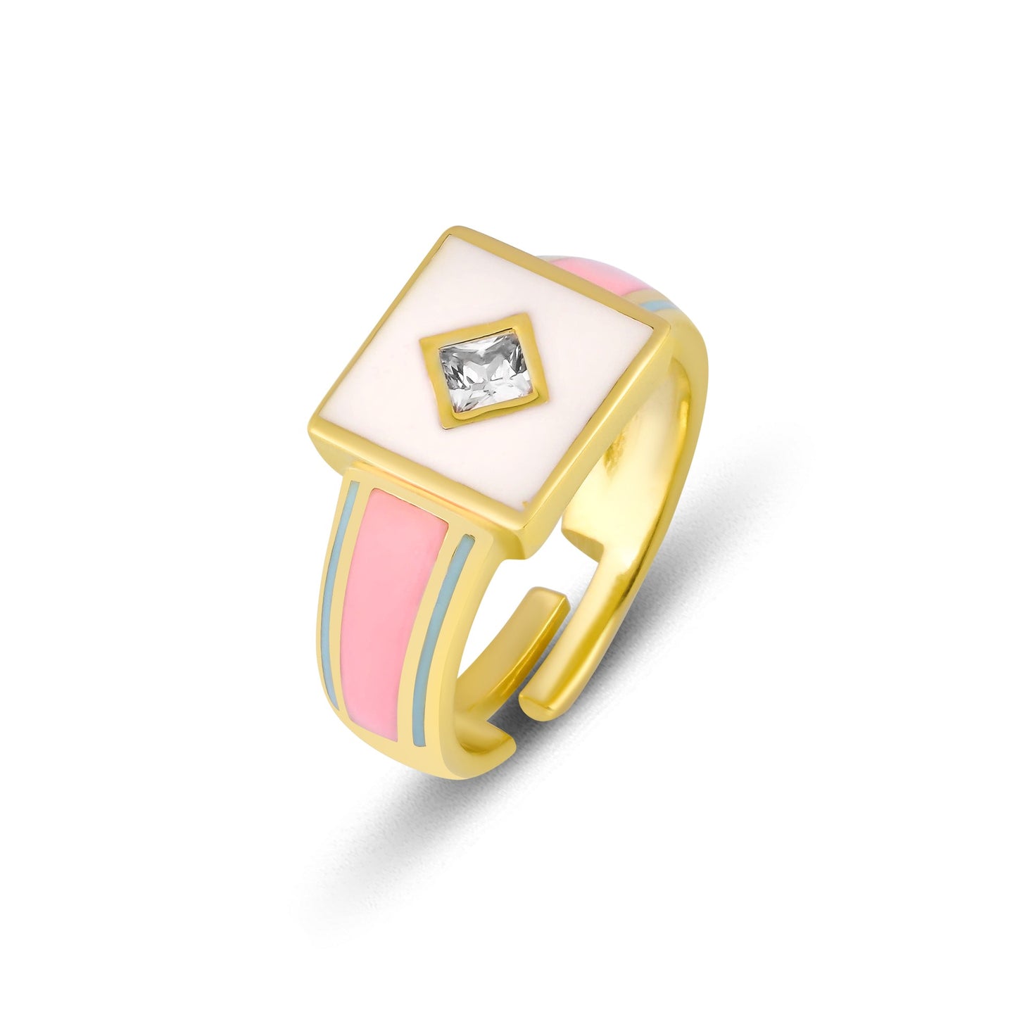 Enameled Colorful Square Adjustable Silver Ring